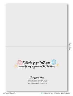 Retro Happy New Year Card with Cheerful Snowman, Fireworks, and Retro Calligraphy Design