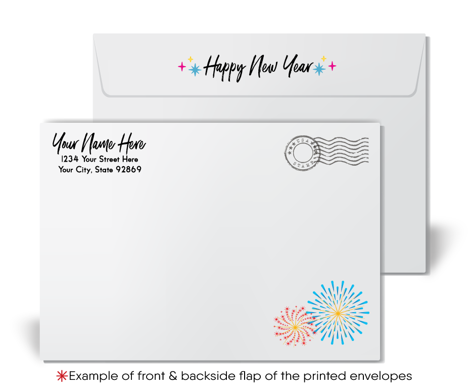 Retro Happy New Year Card with Cheerful Snowman, Fireworks, and Retro Calligraphy Design