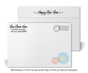 Retro Happy New Year Card with Cheerful Snowman, Fireworks, and Retro Calligraphy Design