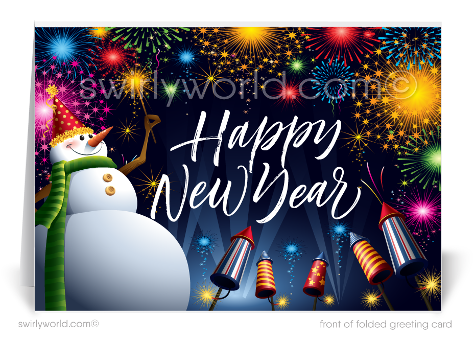 Send festive vibes with Retro New Year Cards! Featuring a joyful snowman, dazzling fireworks, vibrant colors, and "Happy New Year" in retro calligraphy.