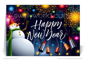 Send festive vibes with Retro New Year Cards! Featuring a joyful snowman, dazzling fireworks, vibrant colors, and "Happy New Year" in retro calligraphy.