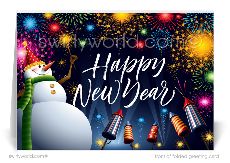 Retro whimsical fireworks with snow man holding sparkler printed happy New Year cards.
