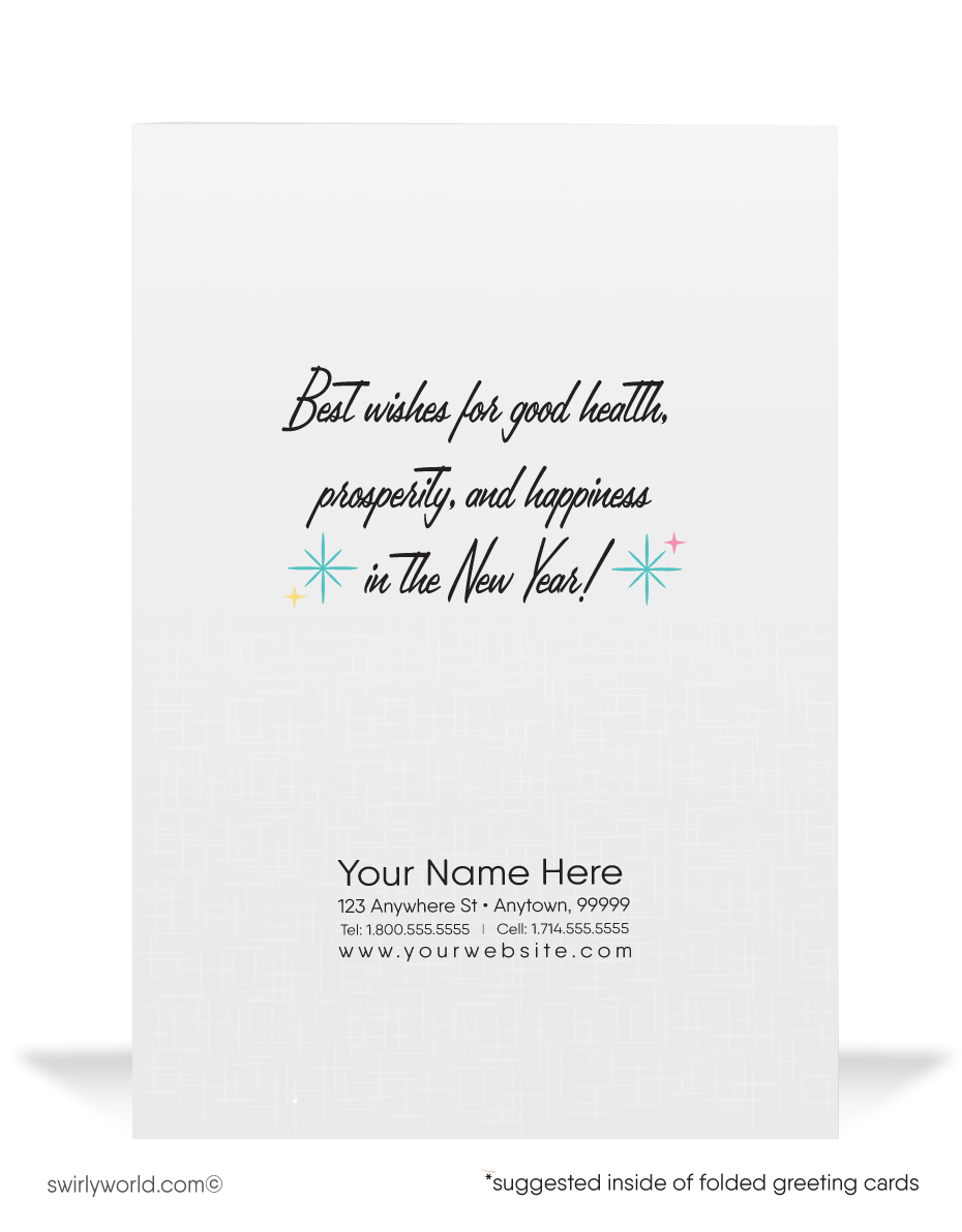 Ring in the New Year with style! Our Retro 'Cheers' New Year Greeting Card features mid-century martini glasses, starbursts, streamers, and customizable messages.