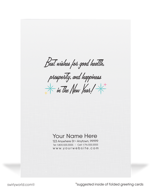 1950s-1960s Retro 'Cheers' New Year Greeting Card with Mid-Century Martini Glasses, Starbursts, and Streamers Design