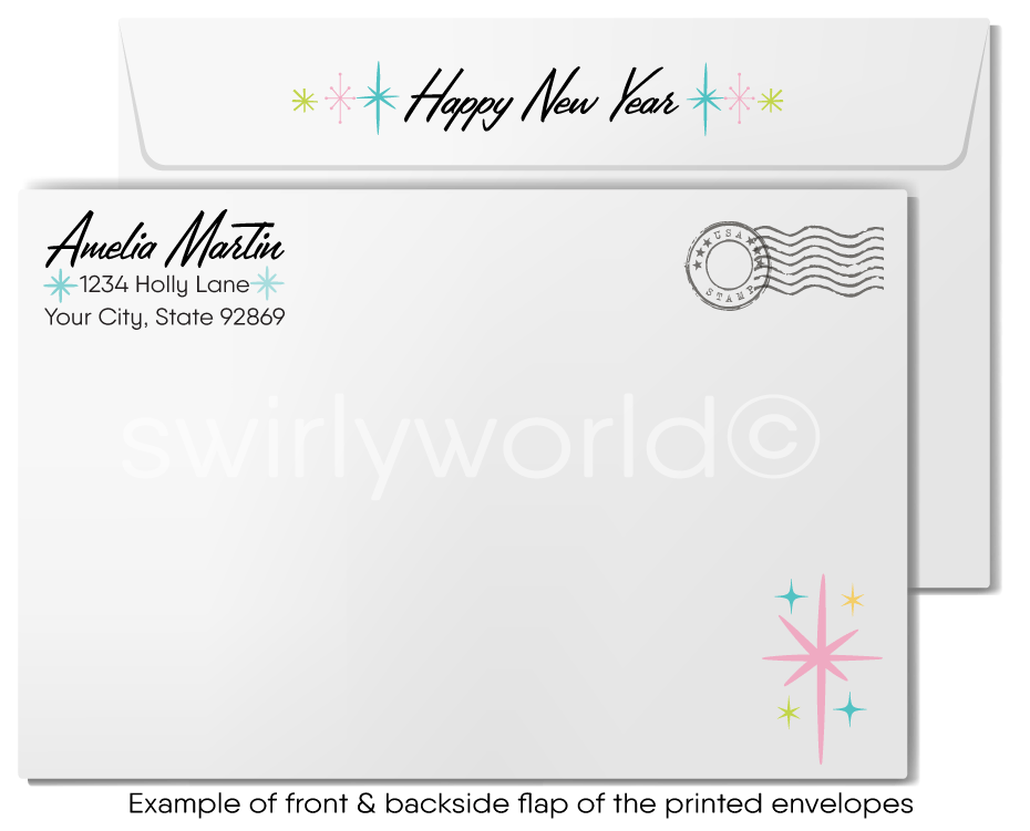 1950s-1960s Retro 'Cheers' New Year Greeting Card with Mid-Century Martini Glasses, Starbursts, and Streamers Design