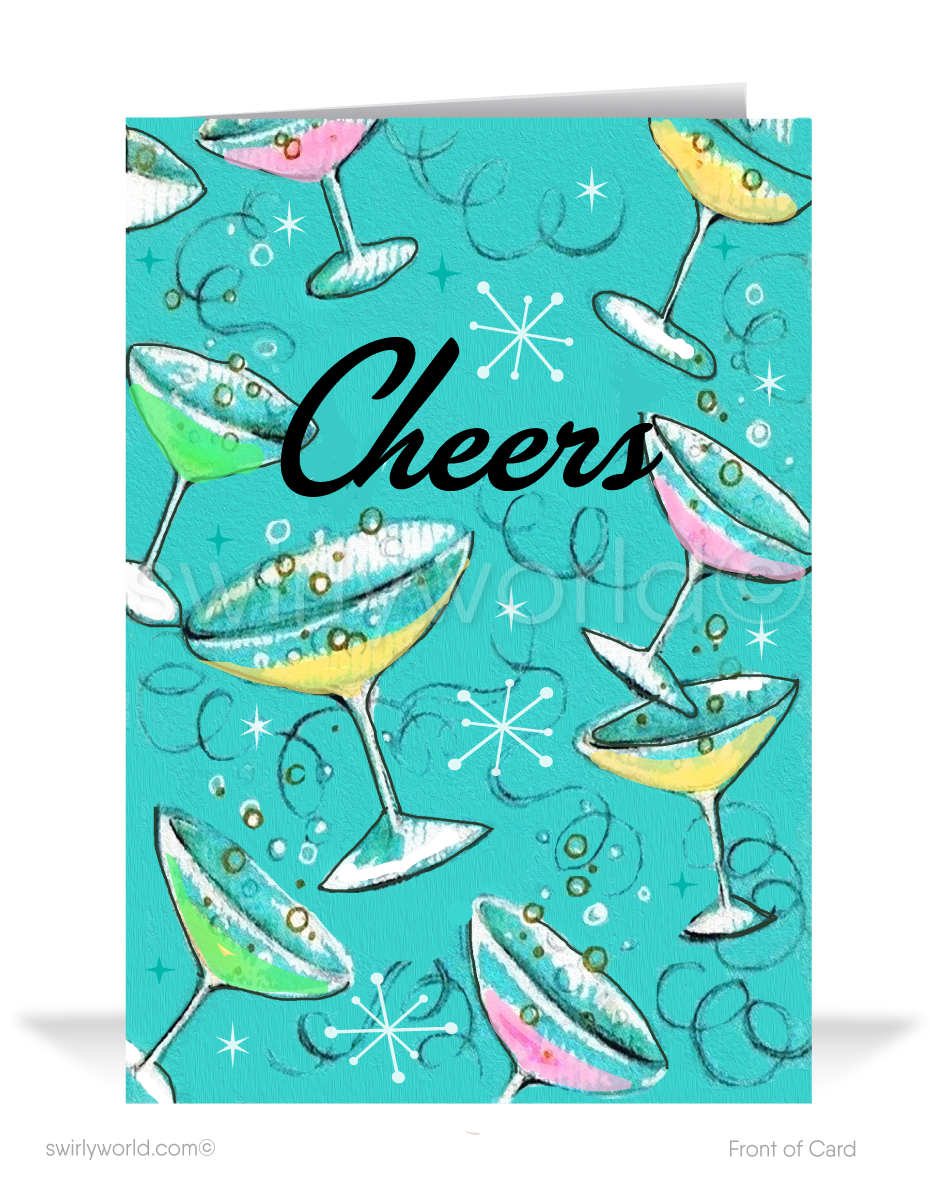 Ring in the New Year with style! Our Retro 'Cheers' New Year Greeting Card features mid-century martini glasses, starbursts, streamers, and customizable messages.