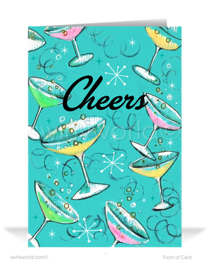 Ring in the New Year with style! Our Retro 'Cheers' New Year Greeting Card features mid-century martini glasses, starbursts, streamers, and customizable messages.