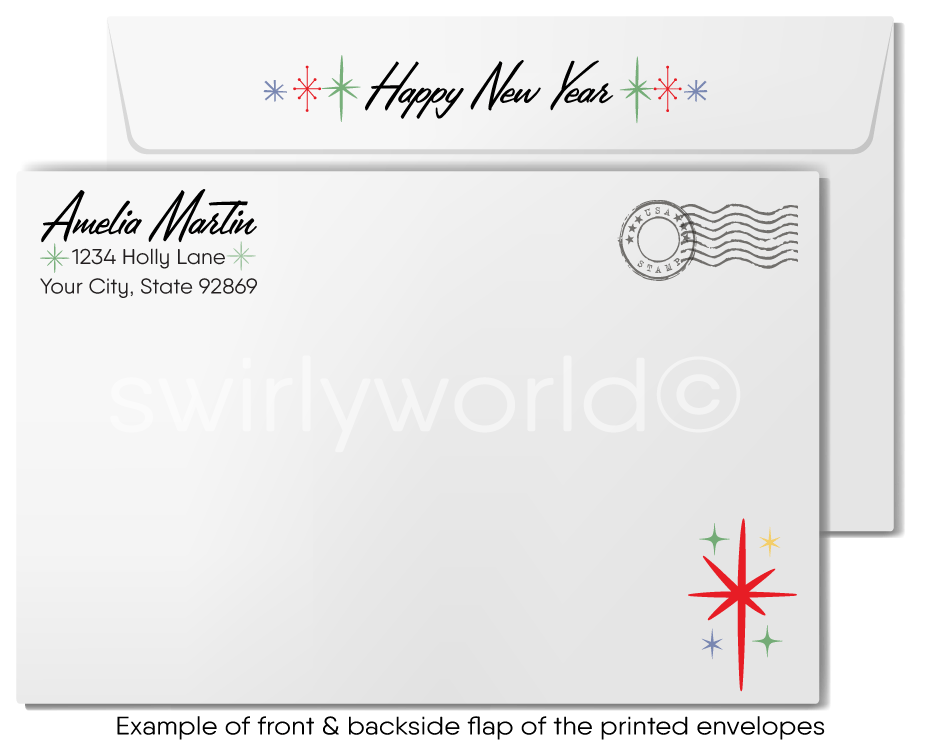 1940s-1950s Mid-Century Atomic Modern Retro Vintage Happy New Year Greeting Cards