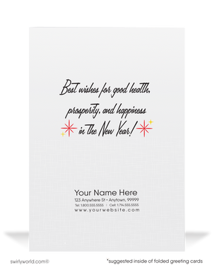 Vintage New Year’s Toast Greeting Card with Elegant Couple, Champagne Glasses, Bell Design, and Retro Starburst Charm