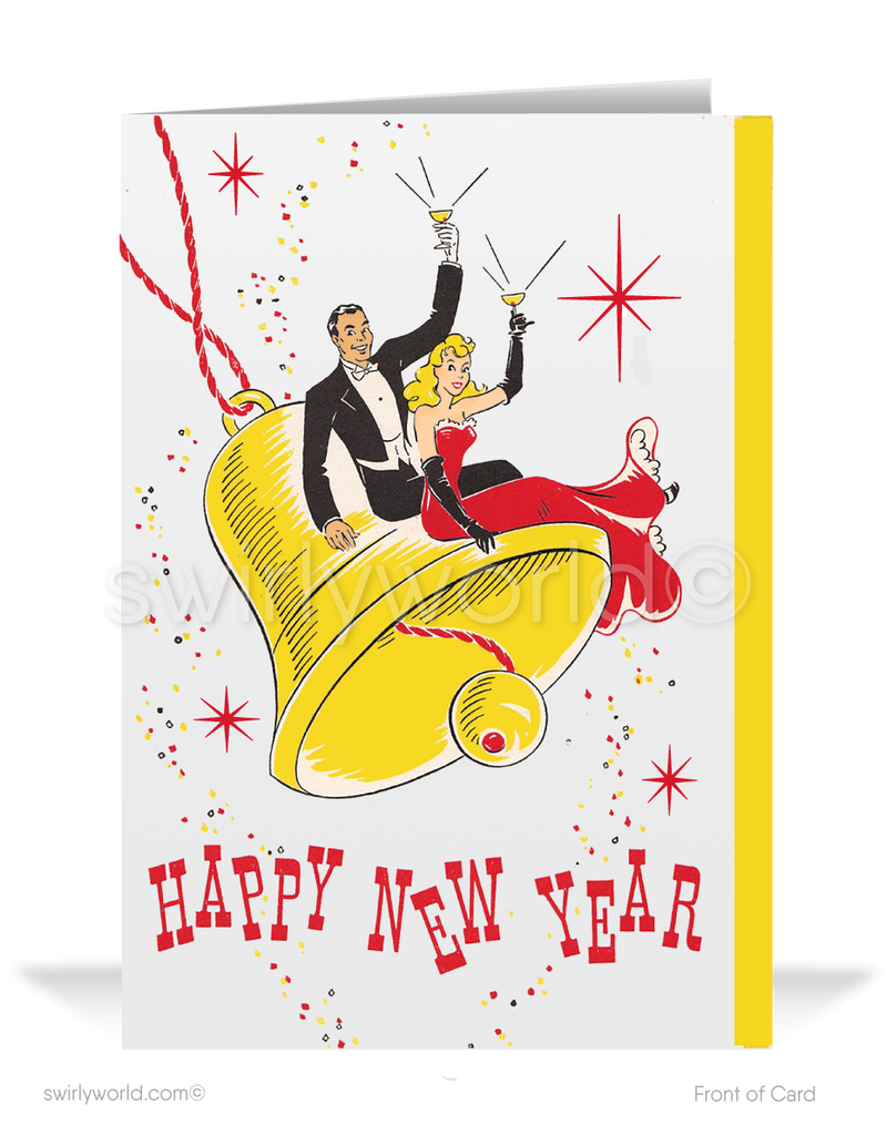 retro atomic mid-century modern Happy New Year cards. Starbursts and sputniks on Christmas. 