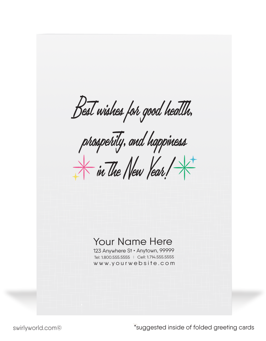 Celebrate 1950s style with our Mid-Century New Year's Greeting Card! Vibrant retro confetti, balloons & starbursts create a nostalgic, festive holiday vibe.