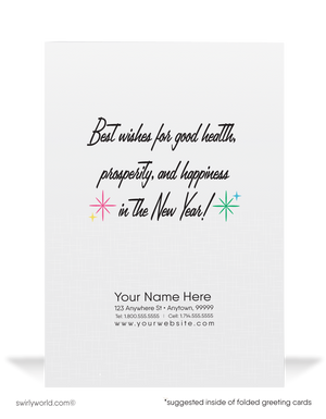 Mid-Century Modern New Year's Greeting Card – Retro 1950s Style with Confetti, Balloons, and Starbursts