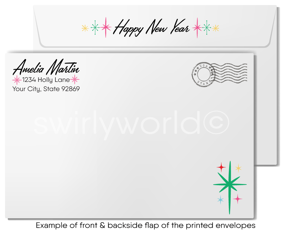 Mid-Century Modern New Year's Greeting Card – Retro 1950s Style with Confetti, Balloons, and Starbursts