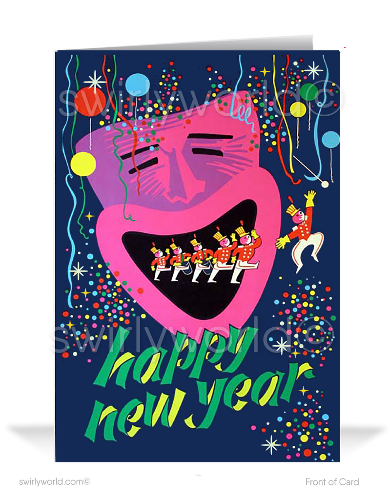Celebrate 1950s style with our Mid-Century New Year's Greeting Card! Vibrant retro confetti, balloons & starbursts create a nostalgic, festive holiday vibe.
