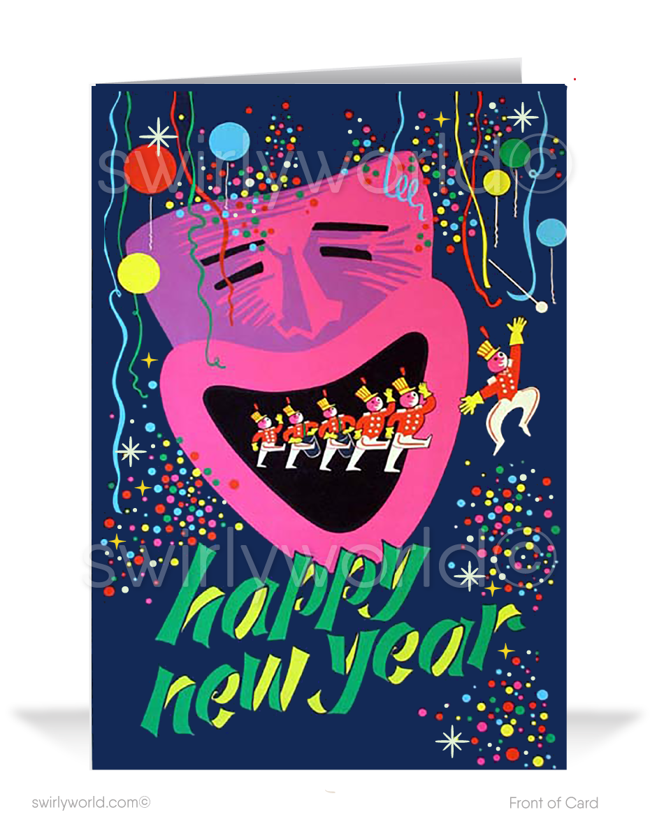 Celebrate 1950s style with our Mid-Century New Year's Greeting Card! Vibrant retro confetti, balloons & starbursts create a nostalgic, festive holiday vibe.