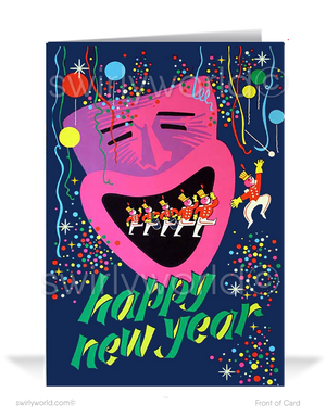 Celebrate 1950s style with our Mid-Century New Year's Greeting Card! Vibrant retro confetti, balloons & starbursts create a nostalgic, festive holiday vibe.