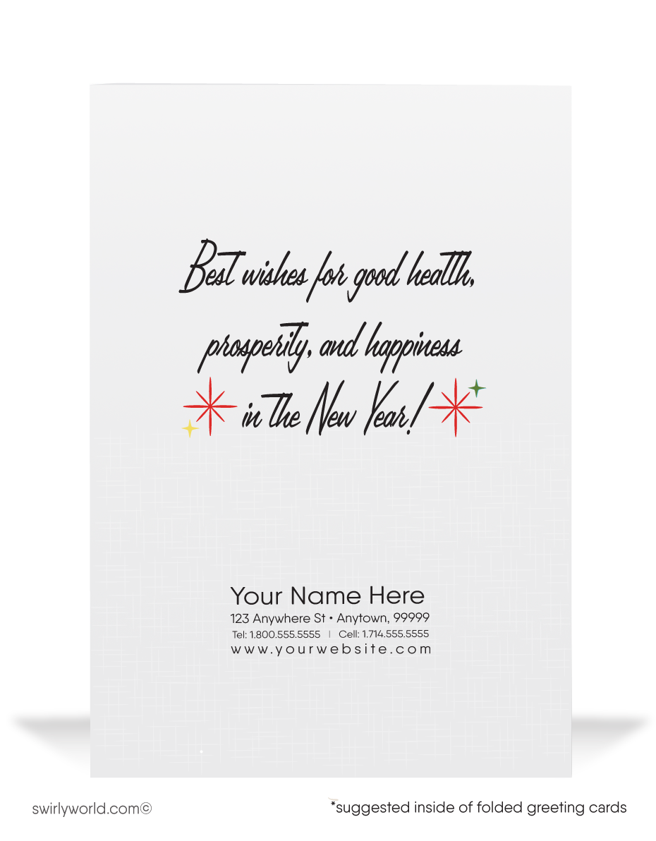 Celebrate with retro charm! Our Kitschy Kitty New Year’s Greeting Card features a festive cat, confetti, streamers, and vibrant starbursts for a mid-century vibe.