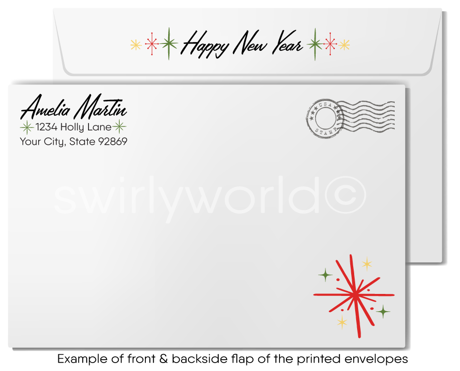 Kitschy Kitty New Year’s Greeting Card with Festive Party Cat, Confetti, Streamers, and Retro Mid-Century Starburst Design