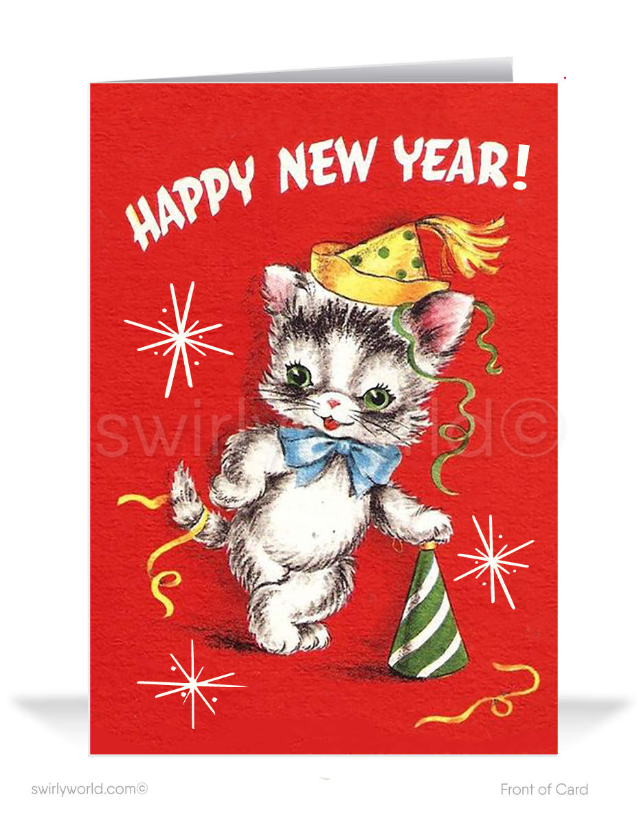 Celebrate with retro charm! Our Kitschy Kitty New Year’s Greeting Card features a festive cat, confetti, streamers, and vibrant starbursts for a mid-century vibe.