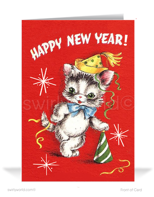 Celebrate with retro charm! Our Kitschy Kitty New Year’s Greeting Card features a festive cat, confetti, streamers, and vibrant starbursts for a mid-century vibe.
