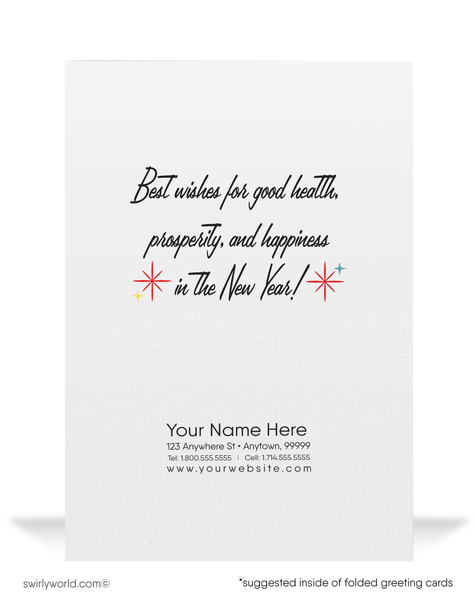 Celebrate in retro elegance! Our Mid-Century New Year's Eve Greeting Card features dancing revelers, confetti, and timeless vintage charm for a festive touch.