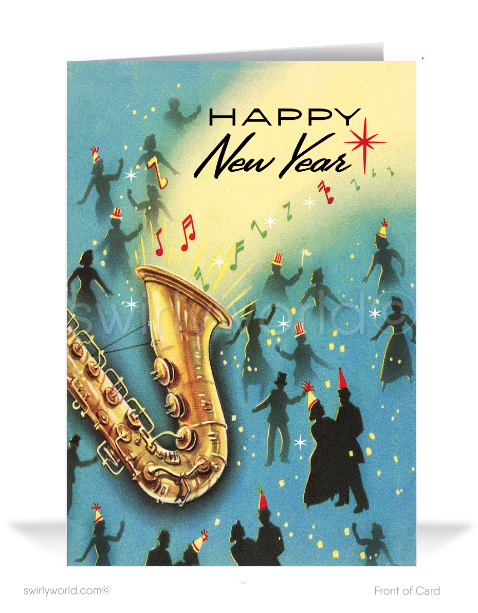 Celebrate in retro elegance! Our Mid-Century New Year's Eve Greeting Card features dancing revelers, confetti, and timeless vintage charm for a festive touch.