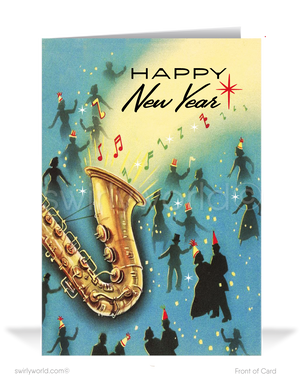 Celebrate in retro elegance! Our Mid-Century New Year's Eve Greeting Card features dancing revelers, confetti, and timeless vintage charm for a festive touch.