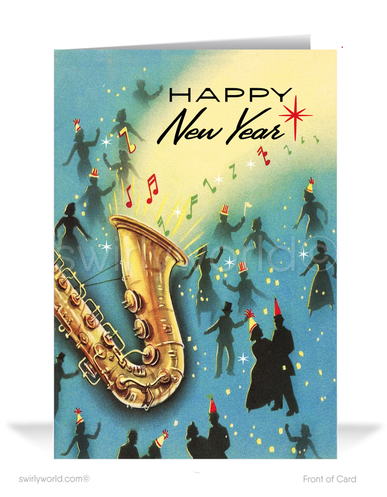 1950's retro atomic modern vintage mid-century New Years Eve holiday greeting cards.