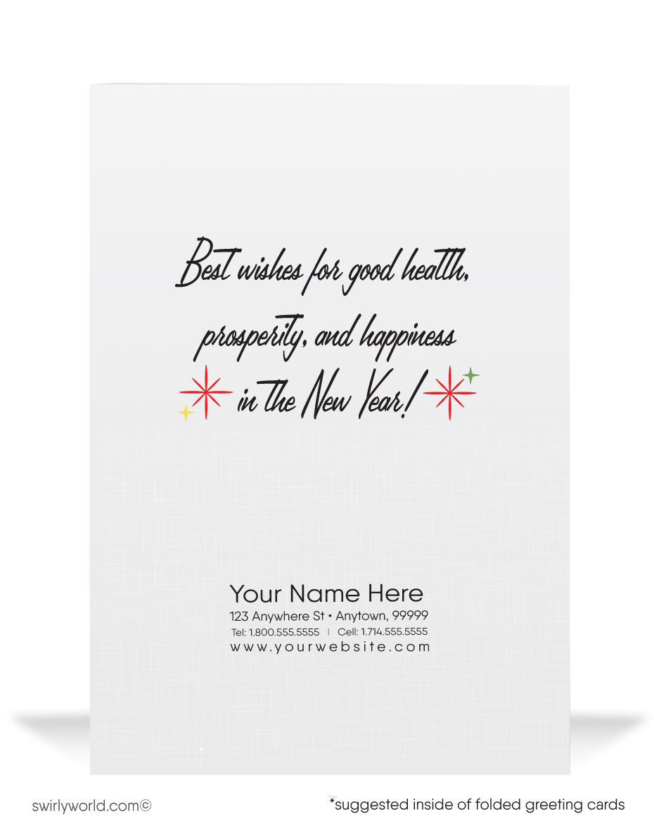 In this charming illustration, the endearing 'Baby New Year,' adorned in a dapper black top hat, sits atop a festive balloon. With an hourglass in hand, Baby New Year gazes up at the night sky filled with twinkling stars and joyful starbursts, setting the stage for a fresh beginning.