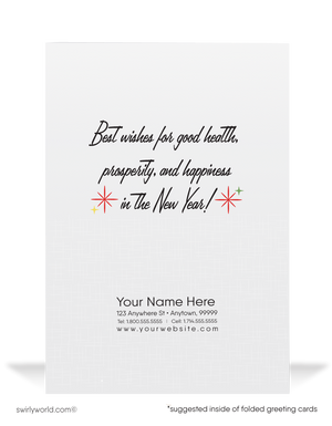 Vintage Baby New Year’s Balloon Greeting Card with Festive Balloon, Hourglass, and Retro 1950s Starburst Design