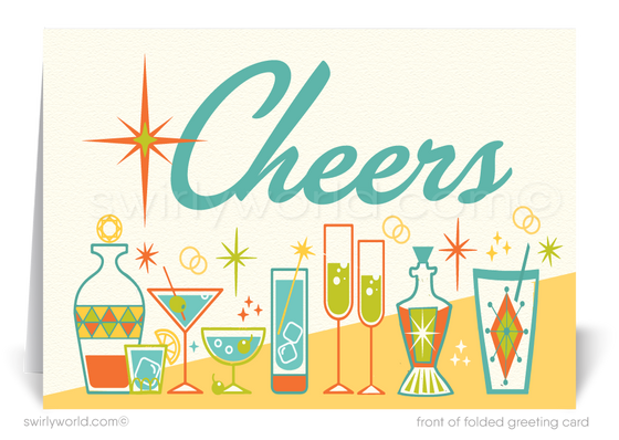 Atomic Mid-Century Retro Modern Cheers Cocktails Happy New Year Cards