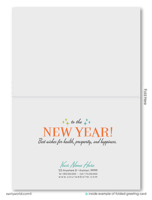 Retro Mid-Century Modern Happy New Year Greeting Cards – Vintage Liquor Bottle Design with "Cheers" Typography and Classic MCM Starburst Details