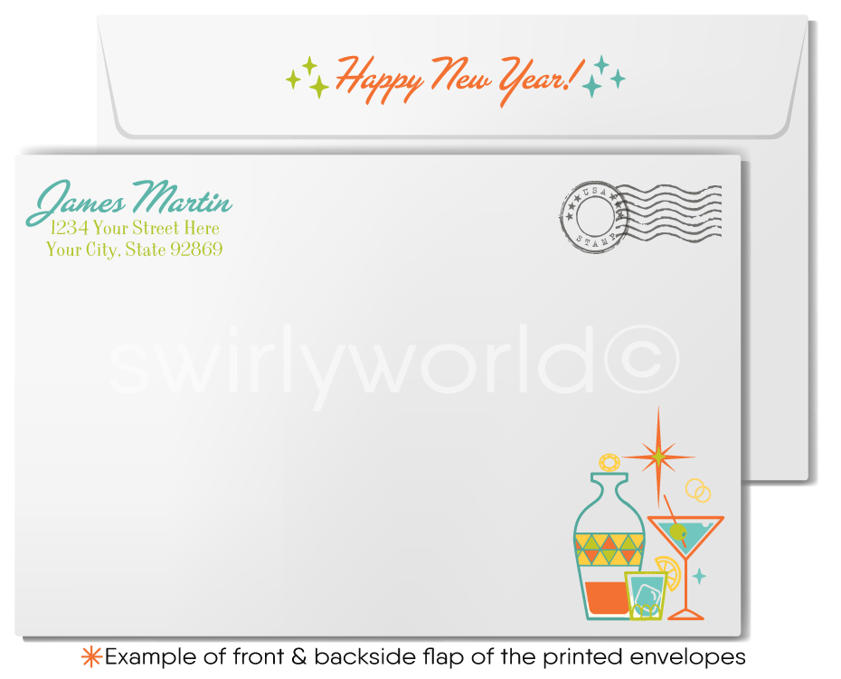 Retro Mid-Century Modern Happy New Year Greeting Cards – Vintage Liquor Bottle Design with "Cheers" Typography and Classic MCM Starburst Details