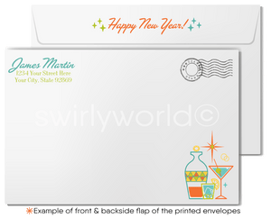 Retro Mid-Century Modern Happy New Year Greeting Cards – Vintage Liquor Bottle Design with "Cheers" Typography and Classic MCM Starburst Details