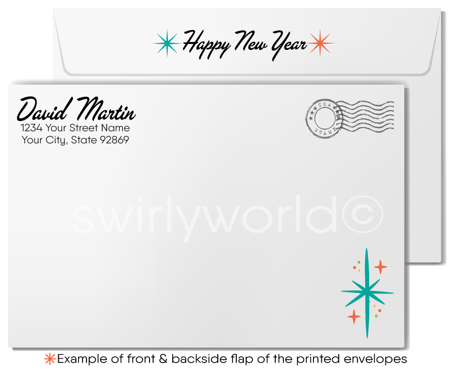 Retro Mid-Century Modern Happy New Year Card with Martini Glasses, Mod Bottles, and Atomic Starburst Design