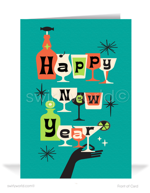 Celebrate the New Year with Retro MCM Cards! Martini glasses, atomic mod bottles, bold typography, and starbursts in vibrant teal, orange, and pea green.