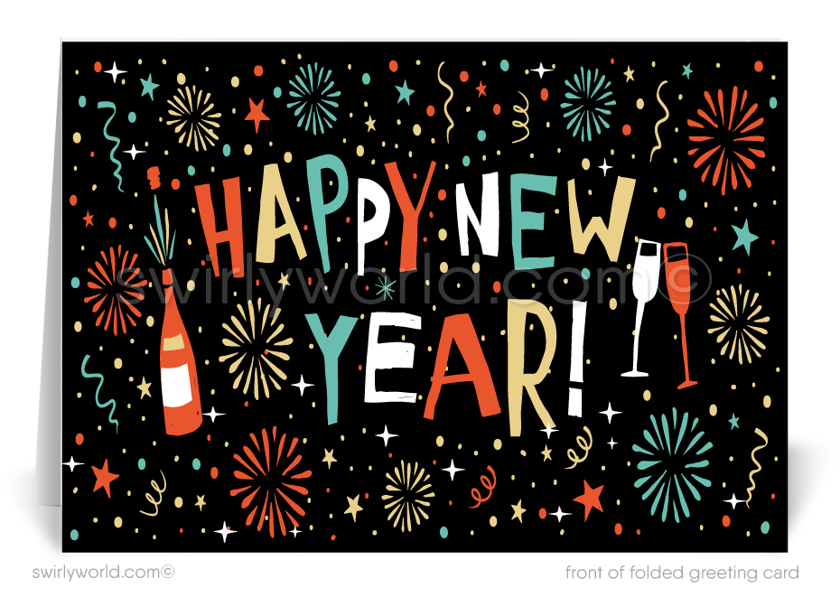 Ring in the New Year with Retro Modern Cards! 1950s-60s style, festive fireworks, champagne glasses, and bold retro typography on a dark, elegant backdrop.