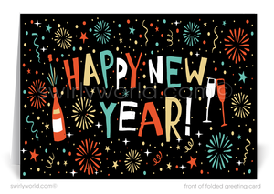 Ring in the New Year with Retro Modern Cards! 1950s-60s style, festive fireworks, champagne glasses, and bold retro typography on a dark, elegant backdrop.