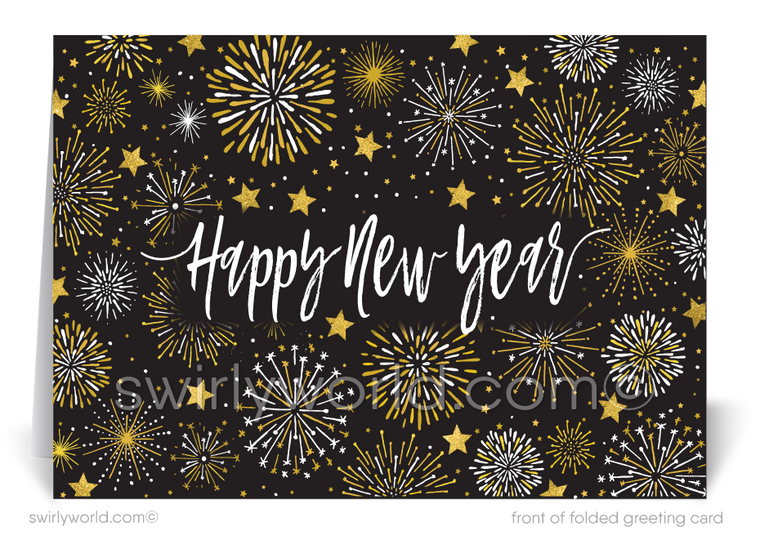 Elegant black and gold fireworks starbursts happy New Year holiday cards for business.