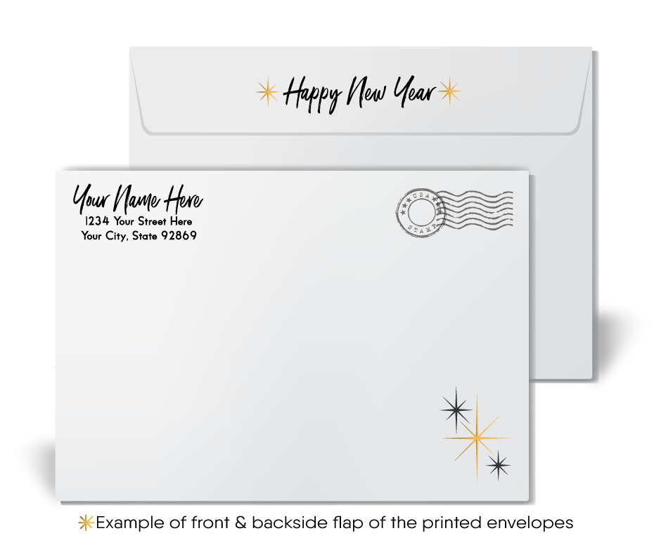 2022 Gold and black Happy New Year Greeting Cards