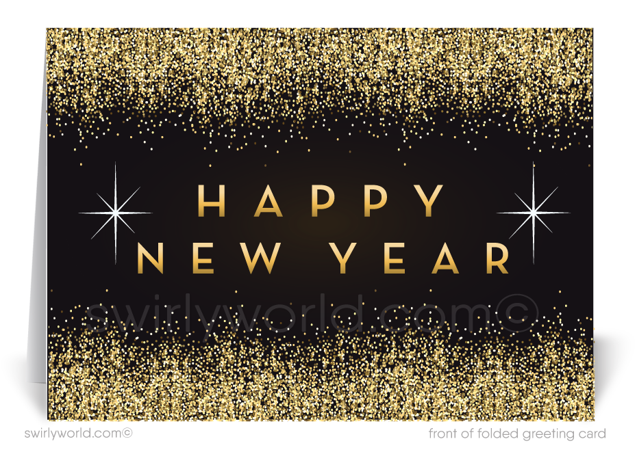 2022 Gold and black Happy New Year Greeting Cards