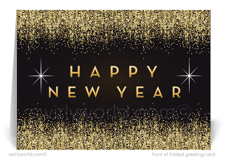 2022 Gold and black Happy New Year Greeting Cards