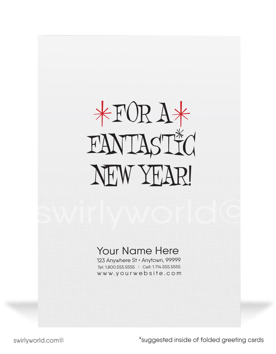 Celebrate New Year's with retro charm! Santa Mouse on a martini glass, atomic starbursts, and vibrant 1960s Mid-Century Modern design for a festive flair.