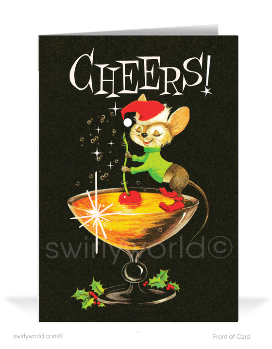 Introducing our charming Mid-Century Modern Vintage Style Happy New Year Greeting Card! This delightful card captures the spirit of the season with a whimsical twist. Picture a cute Santa Mouse perched atop a martini glass, merrily stirring with a cherry stem, bringing a touch of retro flair to your New Year greeting card message.