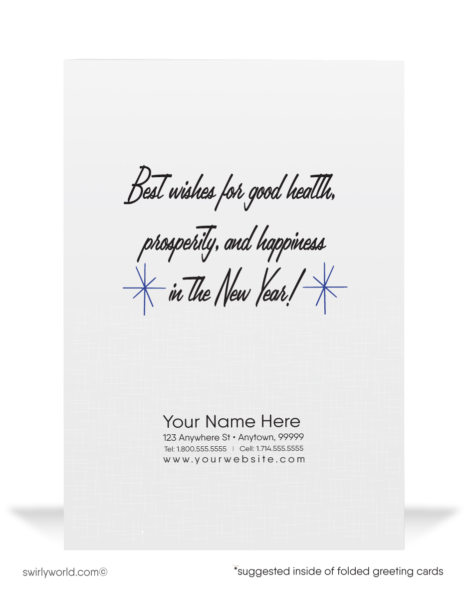 In this exquisite illustration, a stunning pinup girl elegantly peeks through a burst of colorful streamers, confetti, and joyful starbursts. The words 'Happy New Year' adorn the scene, adding a touch of charm and festivity to the composition.