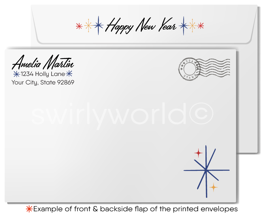Vintage Pinup Girl New Year’s Greeting Card with Streamers, Confetti, and Retro 1940s-1950s Glamorous Design