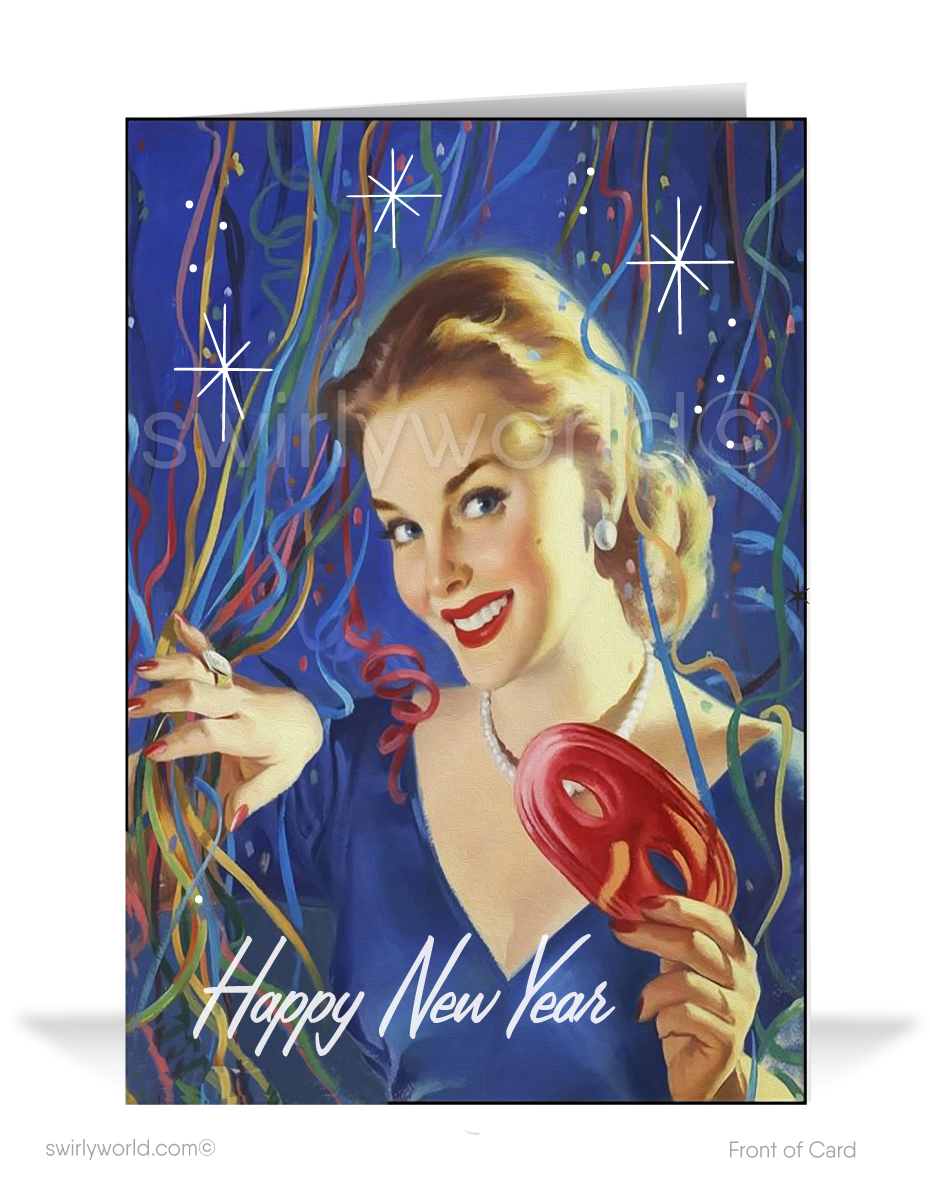 In this exquisite illustration, a stunning pinup girl elegantly peeks through a burst of colorful streamers, confetti, and joyful starbursts. The words 'Happy New Year' adorn the scene, adding a touch of charm and festivity to the composition.