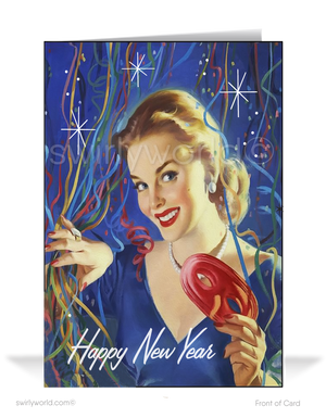 In this exquisite illustration, a stunning pinup girl elegantly peeks through a burst of colorful streamers, confetti, and joyful starbursts. The words 'Happy New Year' adorn the scene, adding a touch of charm and festivity to the composition.