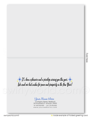 Realtor Happy New Year Greeting Cards with Festive Home, Vibrant Blue Design, Retro Calligraphy, and Client Connection