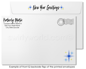 Realtor Happy New Year Greeting Cards with Festive Home, Vibrant Blue Design, Retro Calligraphy, and Client Connection